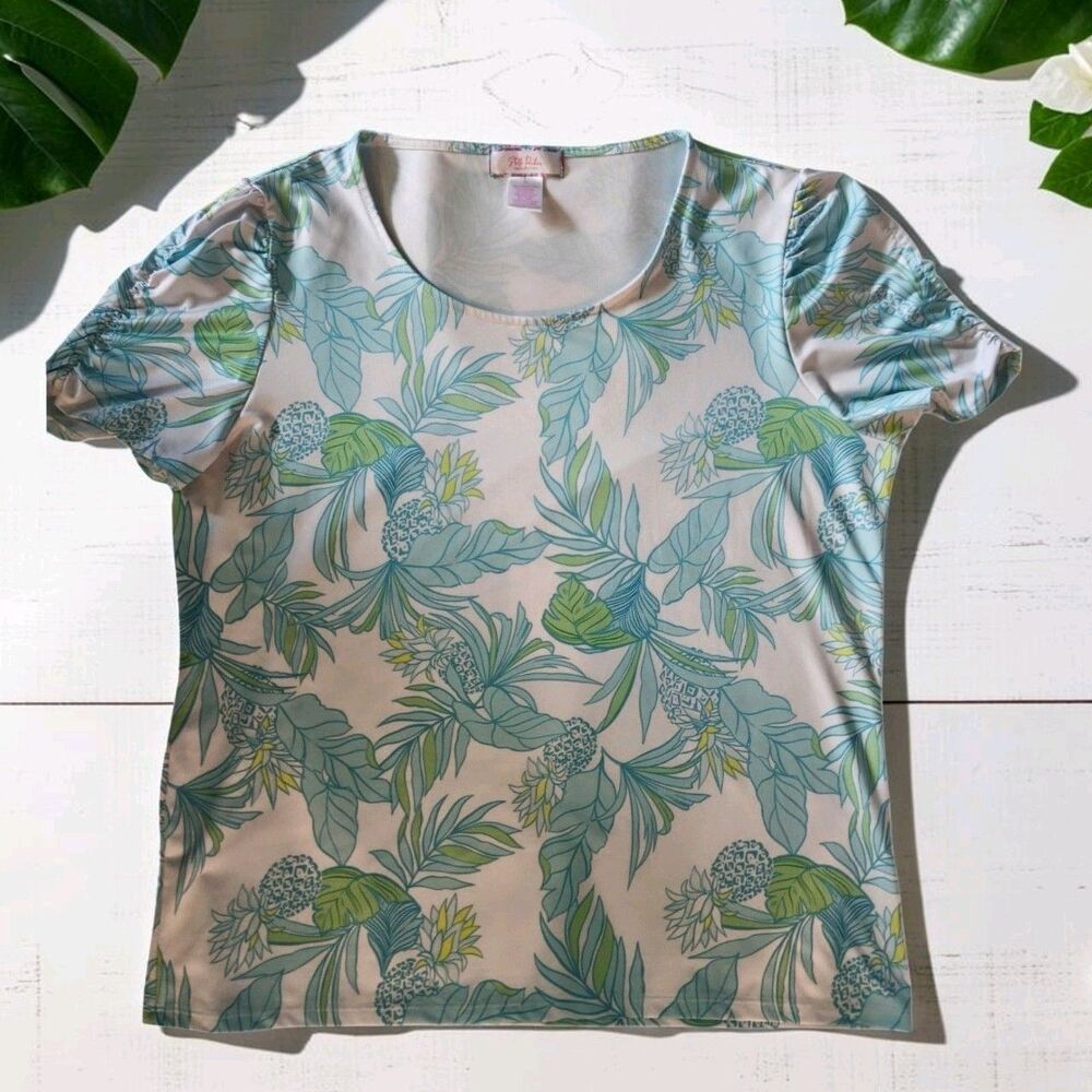 Stella Parker Collection Women’s LARGE Tropical print Top shirt ruched sleeve